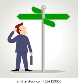 Simple cartoon of a man figure under road sign