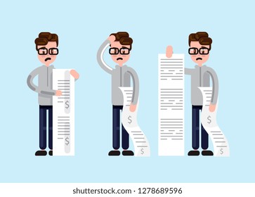 Simple cartoon man in glasses looking scared and depressed while holding long paper bills 