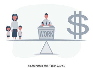 Simple cartoon of a man on a scale between dollar symbol and his family, business, balance between career and family concept