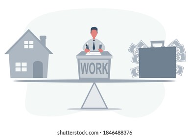 Simple cartoon of a man on a scale between dollar symbol and his family, business, balance between career and family concept