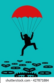 Simple cartoon of a man with parachute falling into bear traps. Business, survival, placement concept