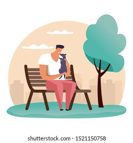 Simple cartoon man at park playing with his pet. Guy at bench with his dog. Flat illustration of people and animal walking or resting. Stroll or strolling with doggy. Puppy licking boy.Summer activity