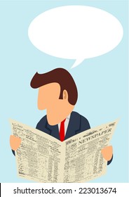 Simple cartoon of a man reading newspaper with blank bubble text