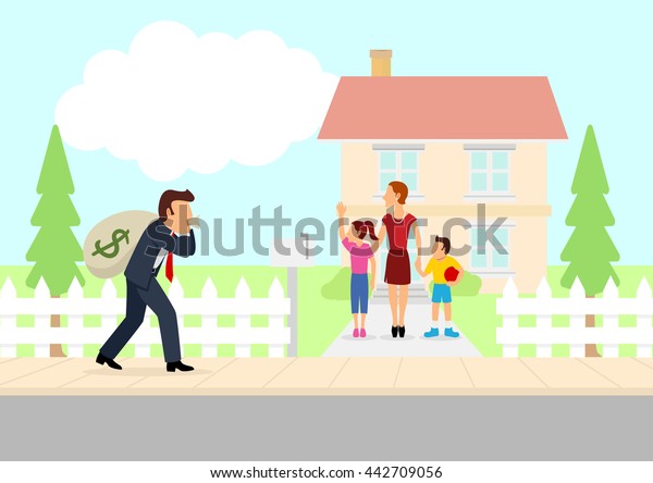 Simple cartoon of man returning home with a bag of\
money, hard worker, bring home the bacon, family man, father coming\
home, take home pay\
theme