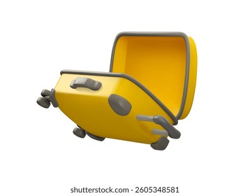 Simple cartoon open suitcase flying. Vector 3d icon of empty luggage bag isolated on white background. Summer vacation baggage illustration