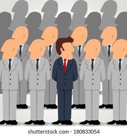 Simple cartoon of an outstanding businessman among ordinary businessman