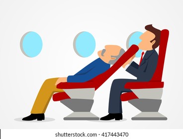 Simple Cartoon Of Passenger Sitting Uncomfortable Against A Sleeping Old Man's Chair On An Airplane