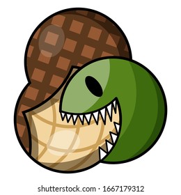 Simple cartoon peanut with cute monster, color line art. Isolated vector illustration.