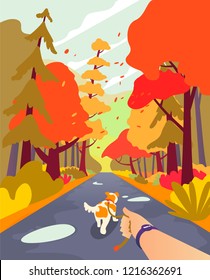 Simple cartoon people at autumn park. Walk the dog. Fall season and people leisure, outdoor theme. Walking with dog.Autumn landscape minimalistic style, orange palette of the season. Park in the fall.