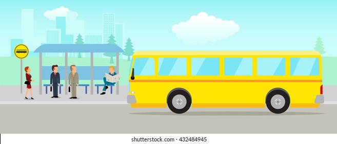 Simple cartoon of people waiting at the bus stop with cityscape as the background