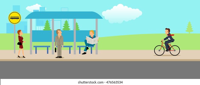 Simple cartoon of people waiting at the bus stop and a businessman riding bicycle to work