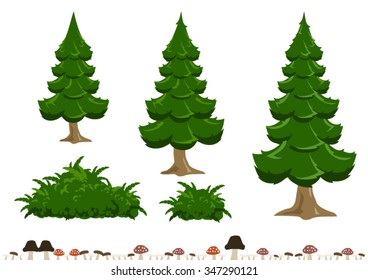 Simple Cartoon Pine Tree, Bush, And Mushroom Illustration.