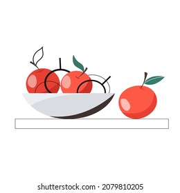 Simple cartoon plate with red and outlines abstract apples in flat style. Fruit illustration for farm market menu. Healthy food design. Isolated on white background.