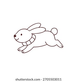 Un simple conejo de dibujos animados con una bufanda se ejecuta en un fondo blanco.