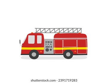 Simple cartoon red fire truck illustration flat vector. Hand drawn specialty vehicles icon. Transportation element in kid drawing style.