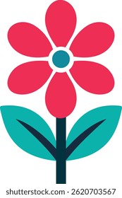 Simple Cartoon Red Flower with Teal Leaves