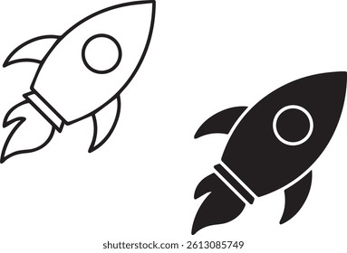 Simple cartoon rocket, blue outline, white background, minimalist design, retro space icon, flat illustration, vector graphic style,