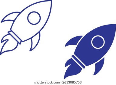 Simple cartoon rocket, blue outline, white background, minimalist design, retro space icon, flat illustration, vector graphic style,