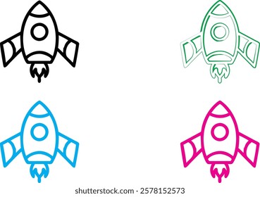 Simple cartoon rockets, colorful spacecraft designs, minimalist space shuttles, geometric rocket outlines, playful spaceship illustrations, retro-futuristic vehicle sketches, vibrant doodle-style spac