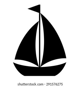 Simple cartoon sailboat icon of a small sailing vessel with two sails flying a flag from the mast in side view, design element on white, vector illustration