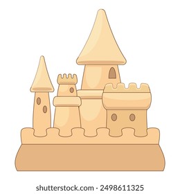 Simple cartoon sandcastle standing on a beach representing summer vacation, childhood and carefree