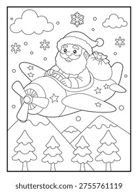 Simple Cartoon Santa Claus Flying Airplane in Winter Scene Line Art Printable Activity Sheet for Children. Cute Santa Pilot Coloring Page for Kids.