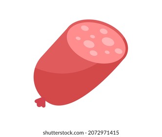 Sencilla salchicha de dibujos animados. Elementos gráficos para el sitio web. Iconos del supermercado. Decoración para el departamento de carne. Delicioso concepto de comida rápida. Pegatina, afiche, insignia. Dibujo vectorial plano de dibujos animados