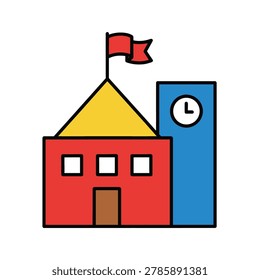 Simple cartoon school building with red walls, yellow roof, and blue clock tower, featuring a red flag on top, isolated on white