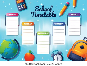 Simple cartoon school timetable, with colorful hand drawn school stationery decoration