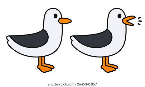 Desenho simples de gaivota de desenho animado. Engraçado pássaro do mar em pé e gritando. Ilustração isolada de clip-art vetorial.