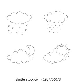 Simple cartoon set with clouds, sun and moon, rain and snow. Black and white. Clouds vector collection in line art style.