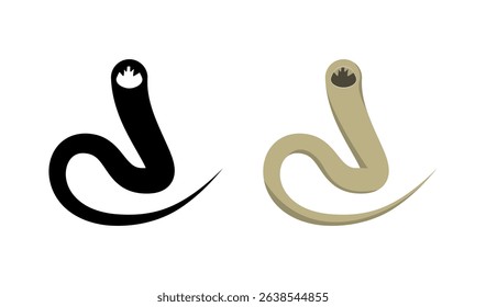 Simple cartoon and silhouette representations of hookworms, specifically Necator americanus and Ancylostoma duodenale, illustrating their role as intestinal parasites