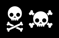 Simple cartoon skull and crossbones icon, two variants. Halloween design element or classic "Jolly Roger" pirate flag.