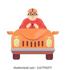Simple cartoon of a smiling man driving a sport car