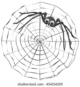 Simple cartoon spider web and grey spider on a white background.