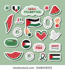 Speichern Einfaches Cartoon-Sticker-Set von Palestine mit Schriftzug und handgezeichnetem Clipart. Bereit für den Druck Liste der niedlichen Aufkleber mit Wassermelone, Gaza-Flagge, Faust, Friedenstaube. Einfaches Doodle für Free Gaza.