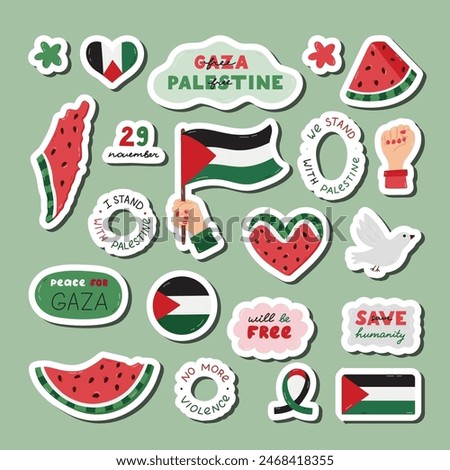 Simple cartoon sticker set of Save Palestine with lettering and hand drawn clipart. Ready for print list of cute stickers with watermelon, Gaza flag, fist, peace dove. Simple doodle for Free Gaza.