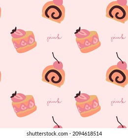 Simple cartoon style cakes vector pattern. Pastel pink colored simple cake wallpaper. Strawberry cupcake, cherry cake roll. Delicious sweet desserts. Hand drawn calligraphy word. Pink background.