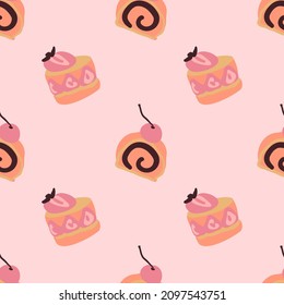 El estilo simple de dibujos animados hace un patrón vectorial. Papel pintado de pastel sencillo de color rosa pastel. Pastel de fresa, pastel de cerezo. Deliciosos postres dulces. Fondo rosa.