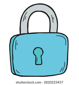 A simple cartoon style doodle of a light blue padlock featuring a keyhole, isolated on a white background.