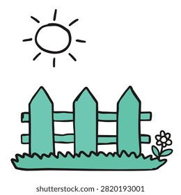 A simple cartoon style drawing of a green picket fence on grass with a small flower and a bright sun above
