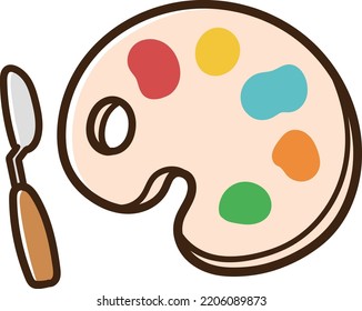 Simple cartoon style hand drawn illustration of a palette with colorful paints and a palette knife