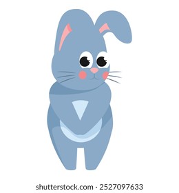 Simple cartoon style illustration of a cute blue bunny rabbit standing and looking forward, great for children's book or easter design