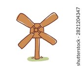 A simple cartoon style illustration of a rustic wooden windmill with four blades set on a small patch of grass
