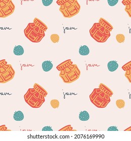 Sencillo patrón vectorial de jars de dibujos animados. Cañones rosados y divertidos de mermelada de berry en el fondo rosado. Fresas de estilo sencillo, azules y naranjas. Mermelada con letras caligráficas. Colores brillantes.
