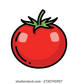 Simple cartoon style red tomato with green stem on white background