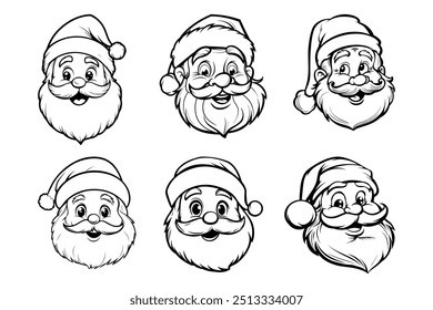 Simple cartoon style Santa Claus face vector black and white line drawing.