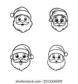 Simple cartoon style Santa Claus face vector black and white line drawing.
