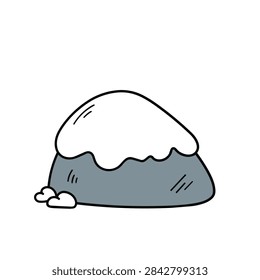 A simple cartoon style vector drawing of a small grey mountain with a snowy white top on a plain white background