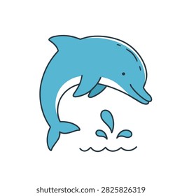 A simple cartoon style vector illustration of a friendly blue dolphin leaping with water splashes against a white background.